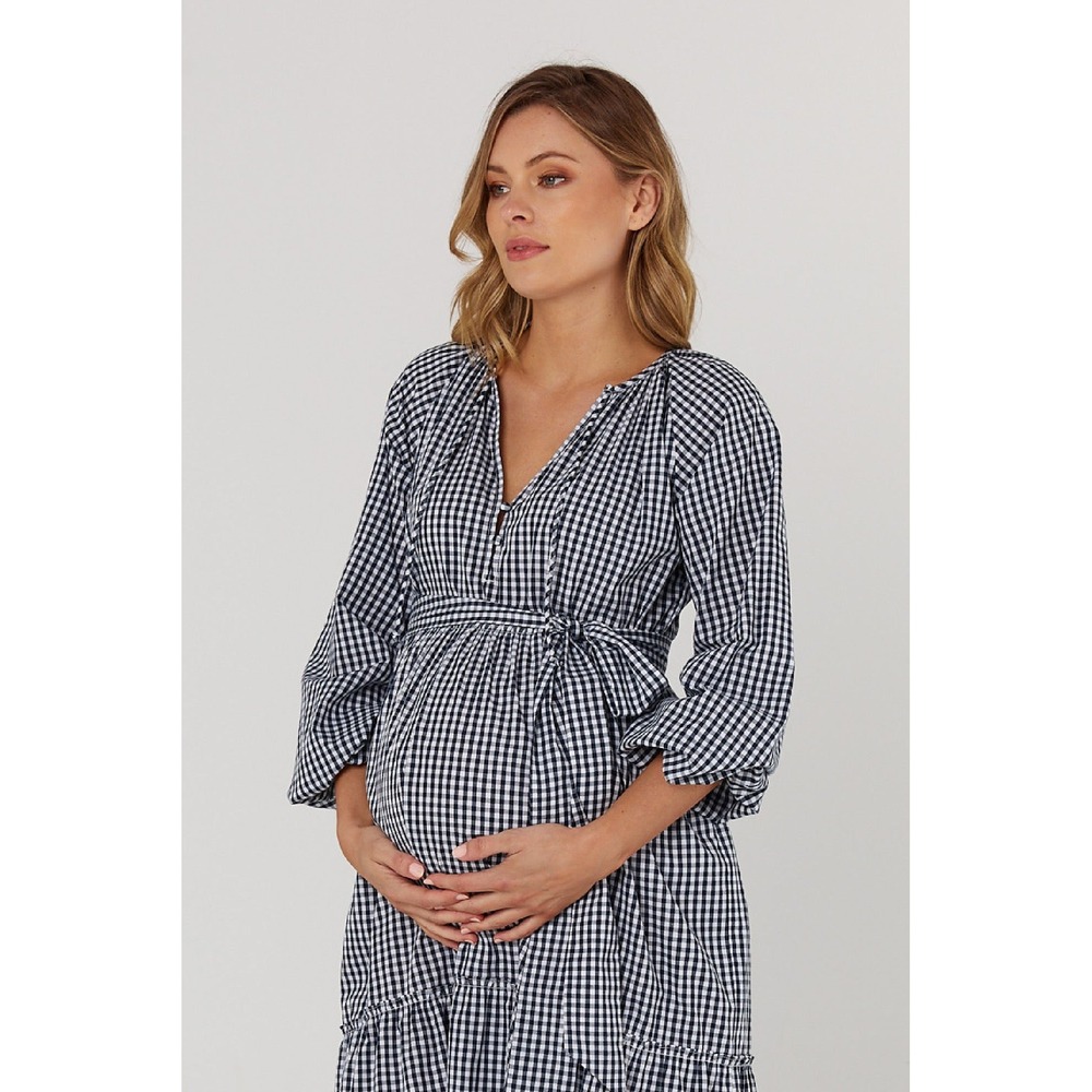 Legoe Heritage Navy Gingham Maternity Midi Dress Cotton Tiered Tie Waist Size 1